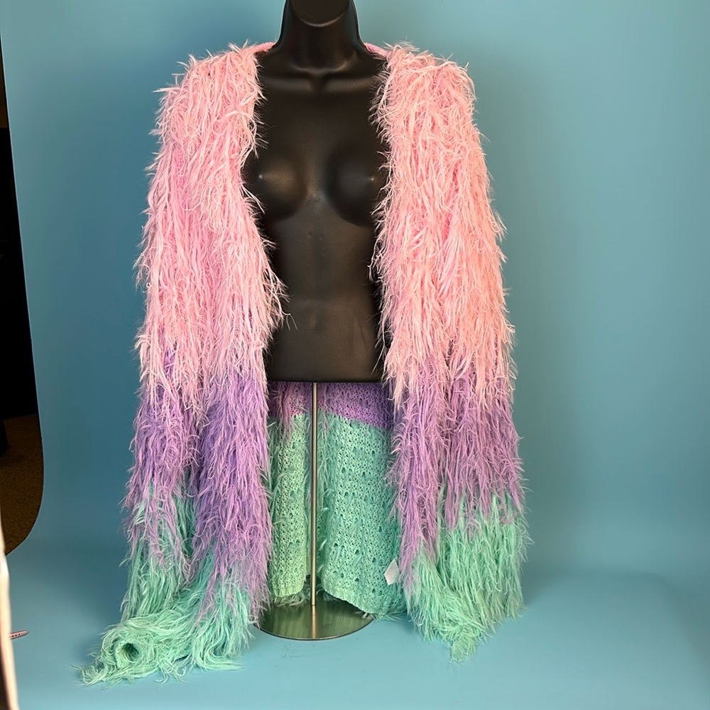 Pastel Pink/Purple/Aqua Shaggy Fringe “Feather” Cardigan